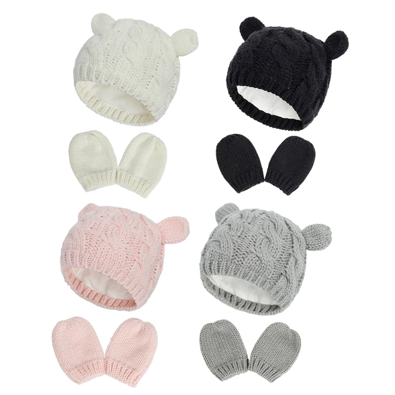 

Baby Hat and Mittens Set Kids Knitted Cotton Beanie Winter Warm Boys Girls Double Pompom Hats Gloves