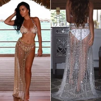 summer sexy beachwear rhinestone long sequin skirt loose side split mesh see through gold maxi glitter skirt sparkle female 2020