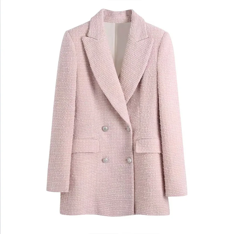 

Women Autumn Casual Veins Blazers Coats 2021 Solid Double Breasted Slim Female Elegant Street OL Blazer Outerwear