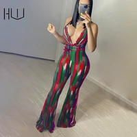 printed loose flared trousers vonda jumpsuit womens jeans overalls deep v neck sling halter sleeveless backless streetwear
