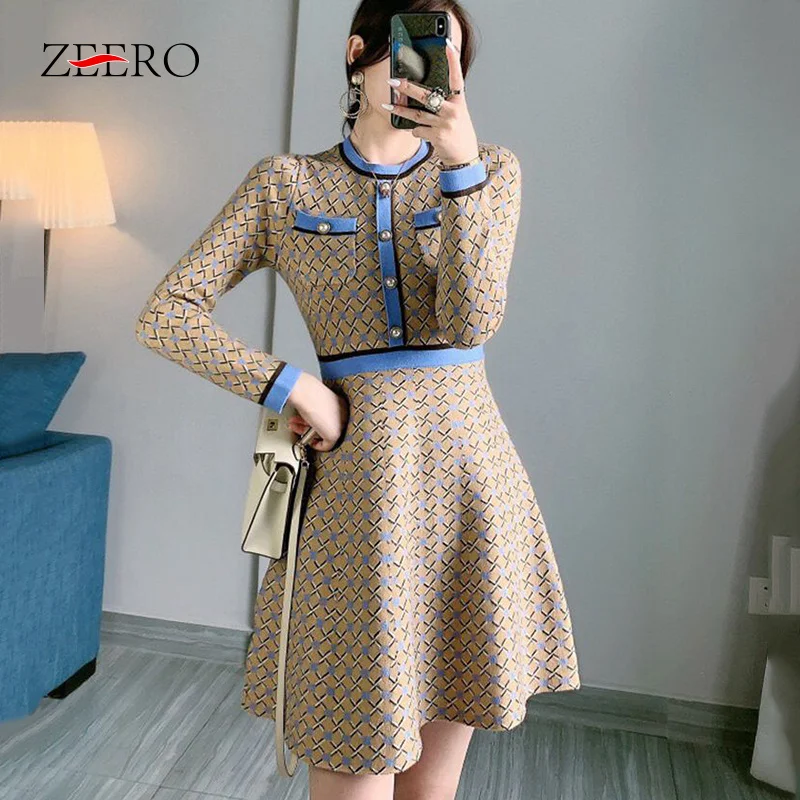 

Autumn Winter Female Vintage O-Neck Metal Buttons Long Sleeve A-Line Base Knitted Dress for Women Plaid High Waist Mini Dresses