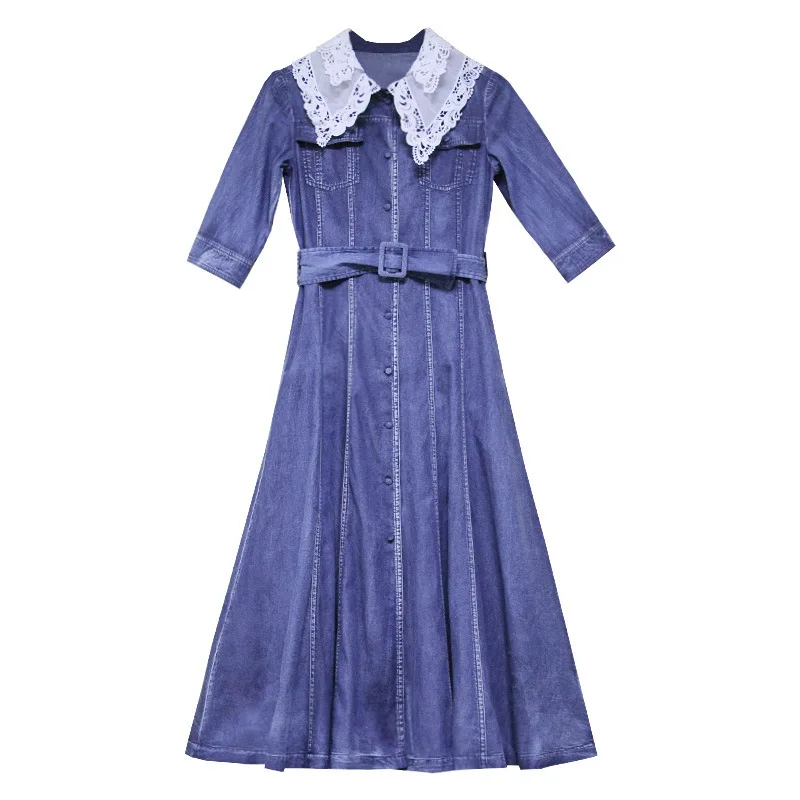 

Brand women's new summer spring 2020 accept waist jeans dress 82210 vintage lace collar cultivate morality MIDI Long skirt