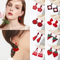 14 styles elegant geometric hollow red color sweet drop earrings for women double layer flower cherry wedding earrings brincos