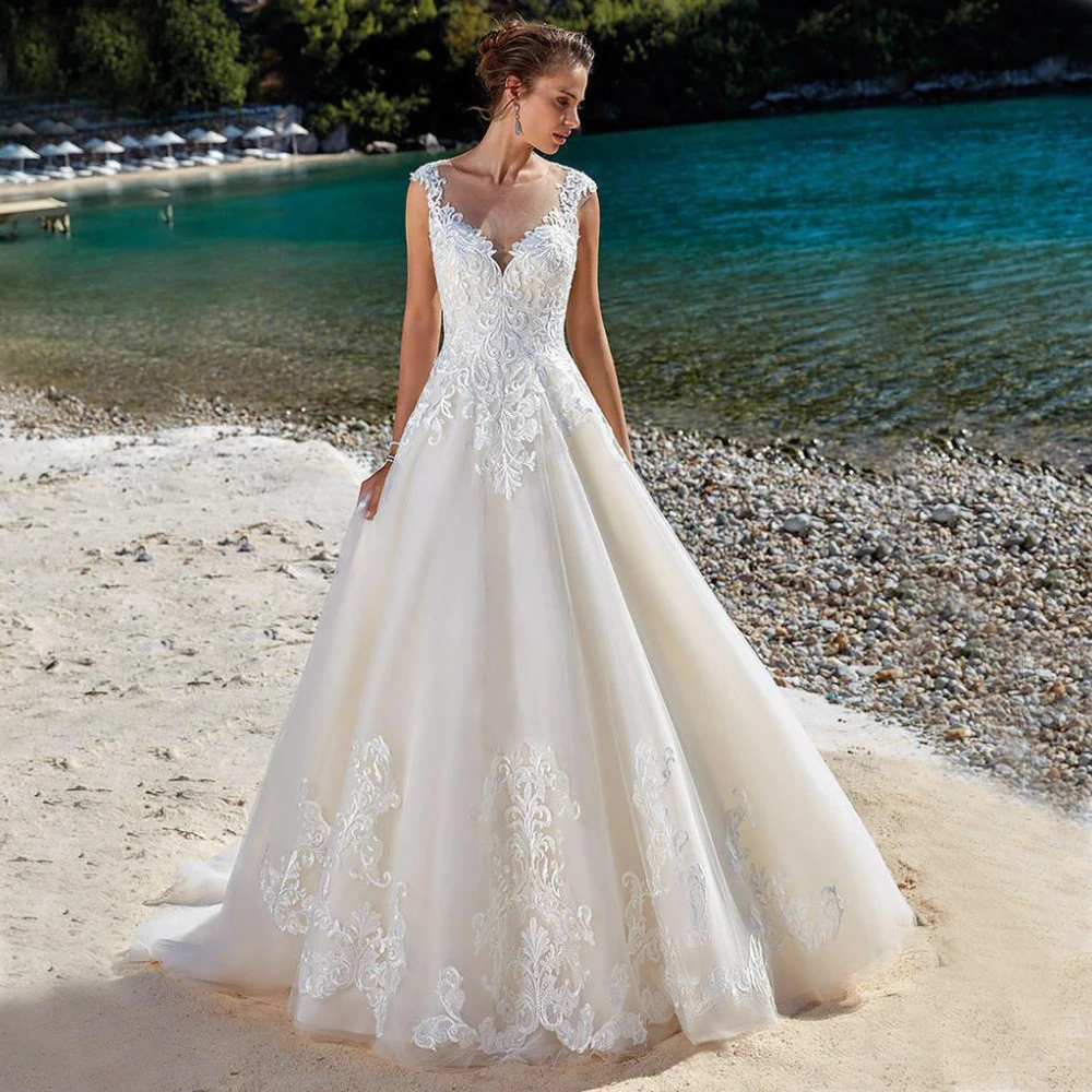 

Свадебное платье без рукавов, ТРАПЕЦИЕВИДНОЕ Тюлевое платье с аппликацией сзади и закрытыми пуговицами, 2020