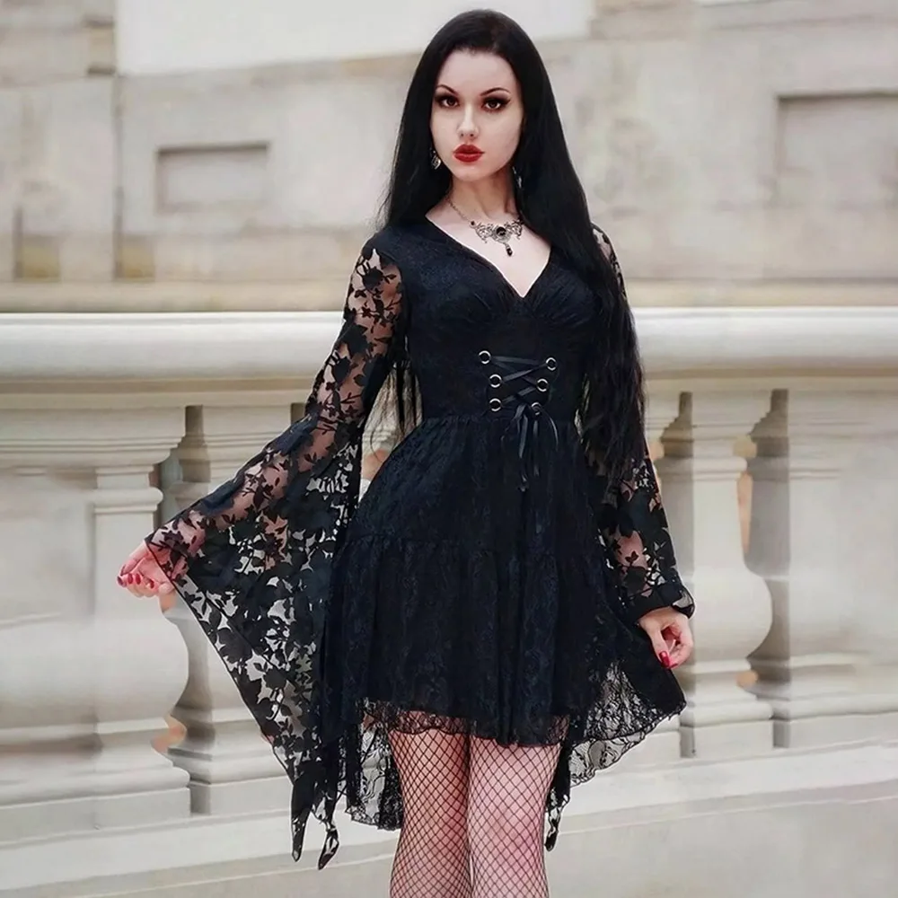 

New Fashion Autumn Gothic Style Dark Black Lace Stitching Pattern Dress, Perspective Trumpet Sleeves Strappy Square Neck Skirt