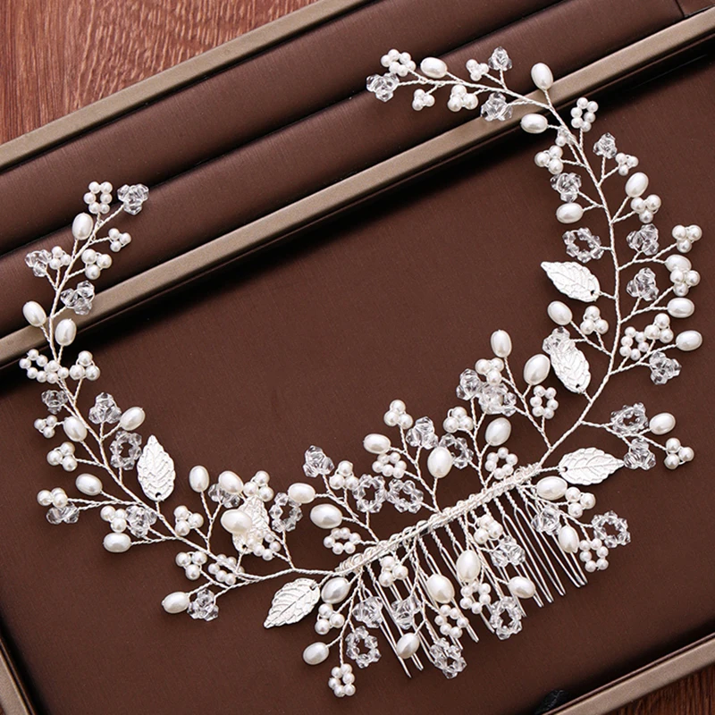 

Silver Color Leaf Pearl Hair Comb Bridal Hair Accessories For Women Wedding Headpiece Handmade Bridal Hair Comb Head Ornaments