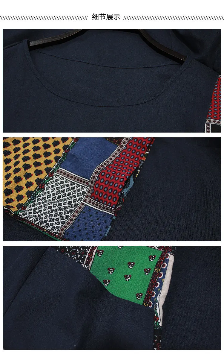 

Retro Summer New Women Dress Round Neck Cotton Linen Print Loose Plus Size