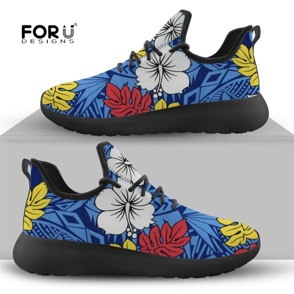

FORUDESIGNS Women Flat Mesh Sneakers Polynesian Traditional Tribal Hibiscus Flower Pattern Walking Footwear Fashion Woman Shoes