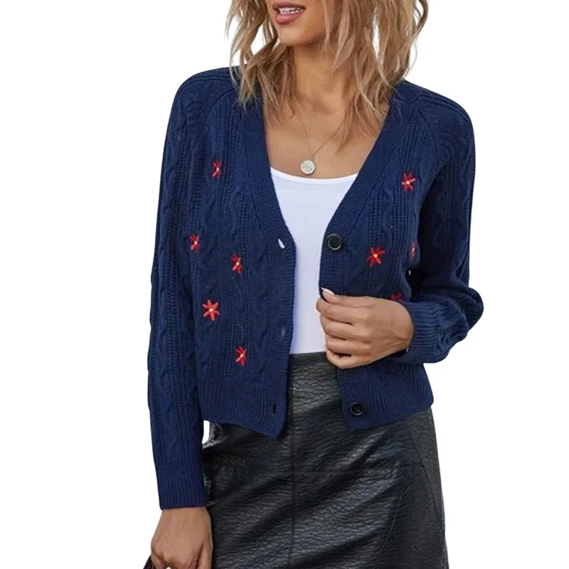 

Винтажный Укороченный кардиган с вышивкой и длинным рукавом, вязаный свитер в Корейском стиле на пуговицах, осенняя верхняя одежда с цветоч...