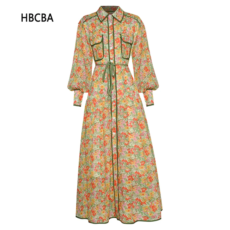 

HBCBA Fashion Designer Autumn Women Lantern Sleeve Single-breasted Belted Flower Print Vacation Dress