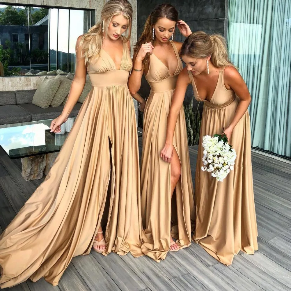 

Champagne Gold Long Split Bridemaid Dresses 2019 Backless Sexy Stretch Satin Wedding Party Dress vestido madrinha