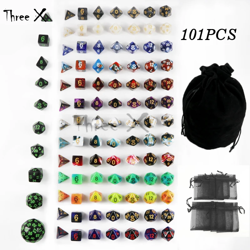 101 шт. кости с сумкой многогранные D4 D6 D8 D10 % D12 D20 D30 D60 для ролевых игр DnD настольные
