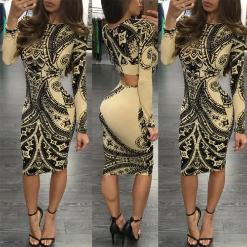 

Spring Autumn Fashion Sexy Women Totems Print Bodycon Long Sleeve Party Cocktail Club Short Dress Stylish Womens Sheath Dresses