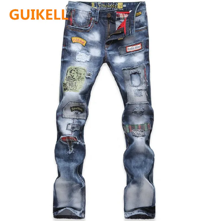 

GUIKELL HOT men fashion trouser wash all cotton jeans hole trend fit mid waist jeans