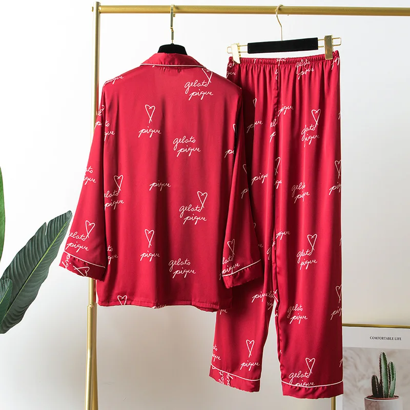 

Fiklyc underwear faux silk letter print sexy women's spring long sleeve & pants pajamas sets cute & lovely nightwear sets HOT
