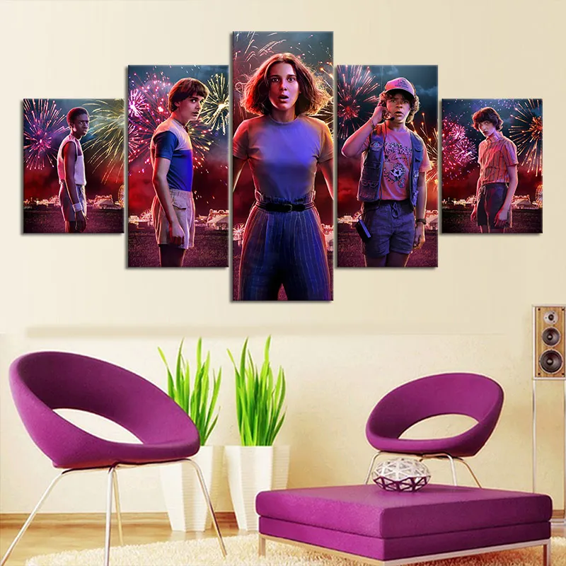 

Framed Wall Art Paint HD Print 5 Pcs Stranger Things Movie Canvas Poster Home Decor Kids Room Modular TV Play Character Pictures