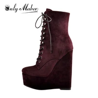 onlymaker womens burgundy round toe lace up wedge high heels ankle boots suede 2020 fashion winter new booties big size us515