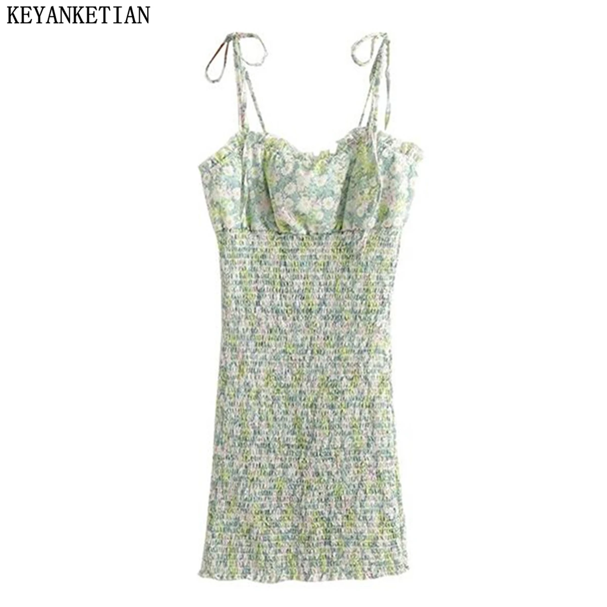 

KEYANKETIAN Ladies floral print sweet dress 2021 new style pleated hip skirt fashion sexy bust frill elastic strap dress