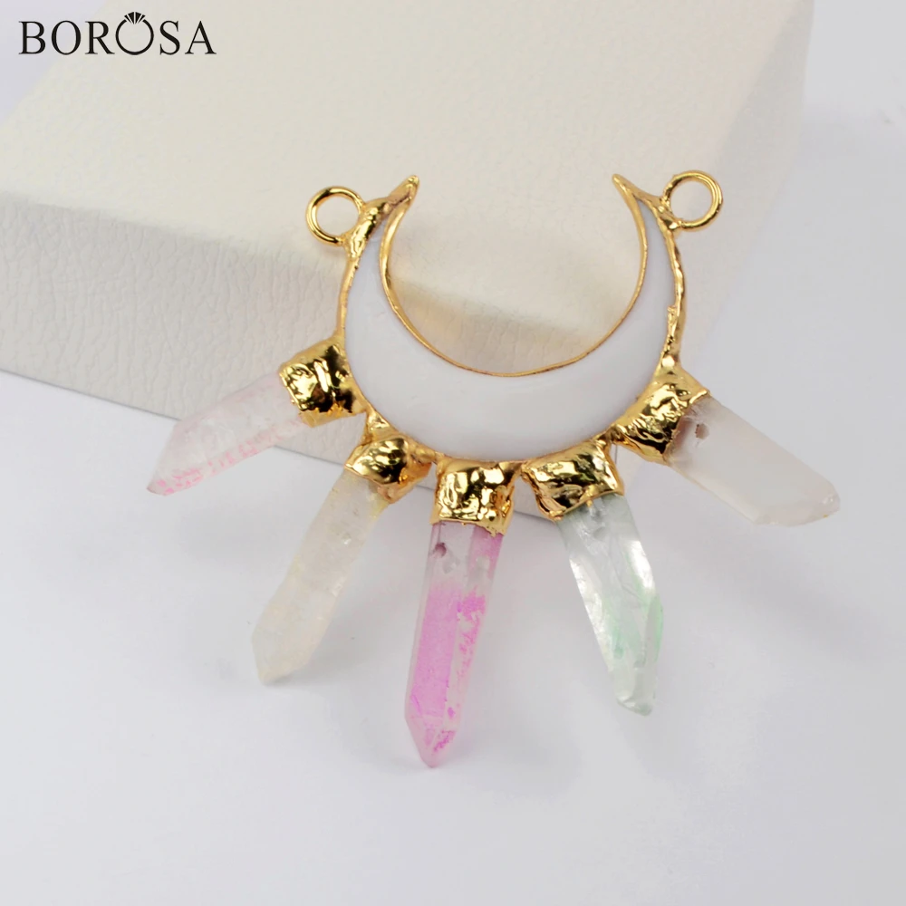 BOROSA двойной рожок белый корпус кулон Золотое покрытие Кристалл кварц точка