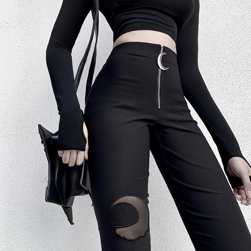 InsDoit Women Gothic Black Bodycon Pants Punk Moon Shape Hollow Out Streetwear Harajuku Pendant Zipper | Женская одежда