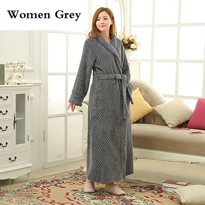 Women Grey Женский и мужской зимний толстый теплый длинный халат на лодыжке, мягкий фланелевый флисовый вафельный кимоно, банный халат, Femme, халат для подружки невесты - Цвет: Women Grey