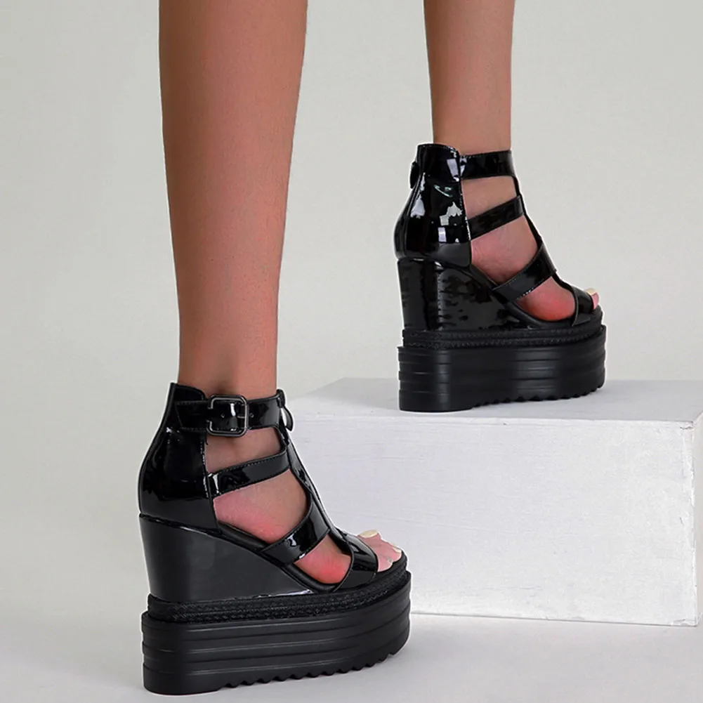 

Fashion Open Toe Buckle Strap Wedges Sandals For Women Girls Platform Black Zipper Desigh Super High Heels Big Size 2021 Shoes
