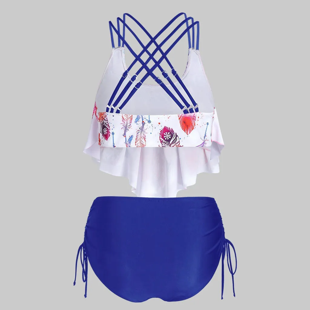 Сексуальный купальник-бикини с высокой талией и круглым вырезом принтом перьев