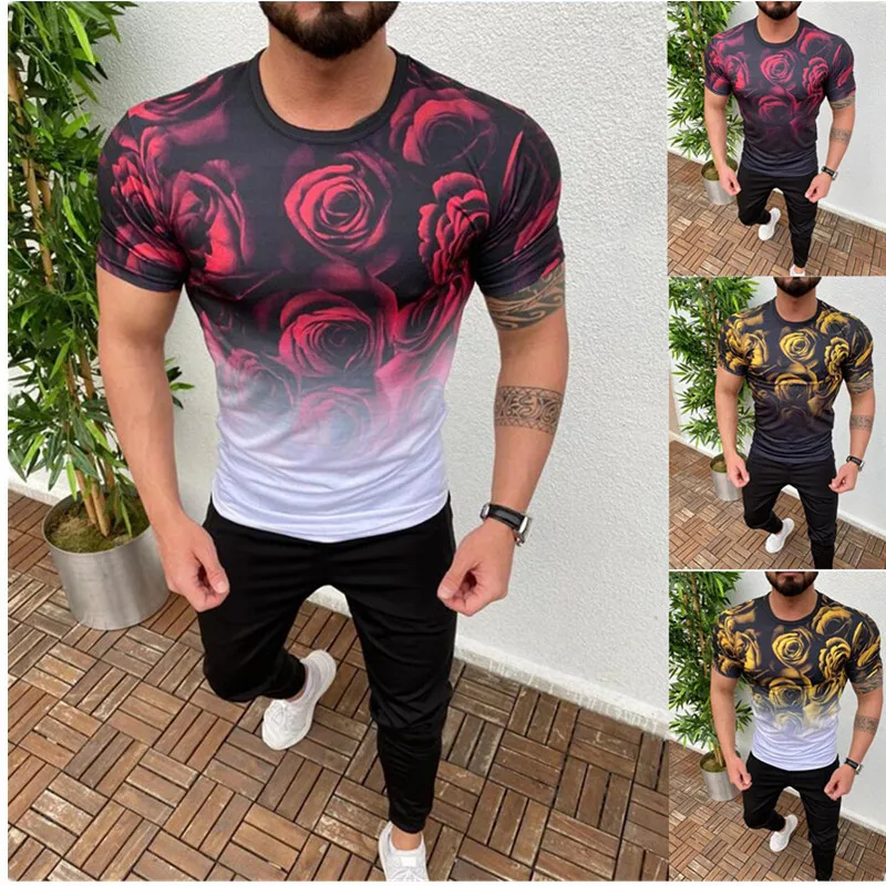 

Best Seller Rose Print Men's Fashion T-shirt Black Leisure Fitness Tee Mens Tops Short Sleeve O-Neck T Shirts Summer Clothing
