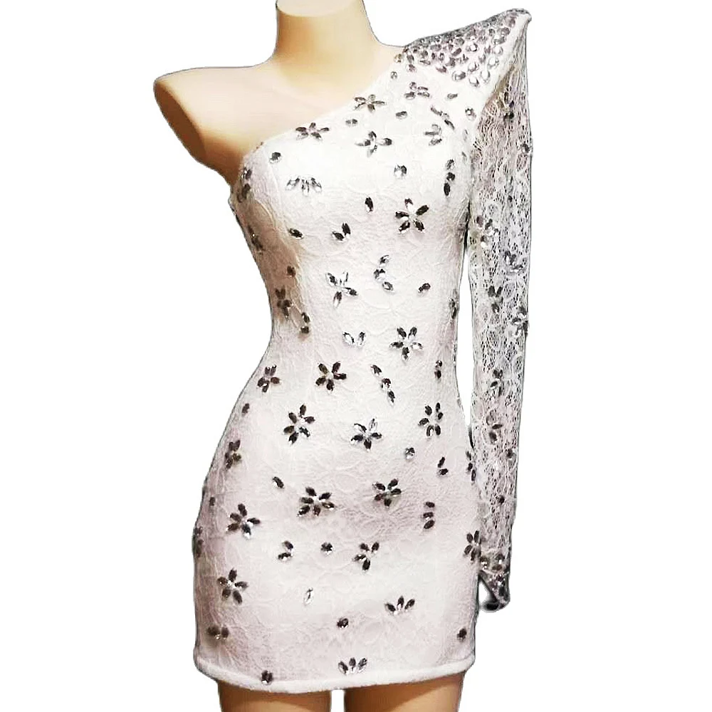 

One off Shoulder Dresses Sexy Women White Mini Party Club Dresses Birthday Celebrate Costumes Nightclub Singer Stage Wear