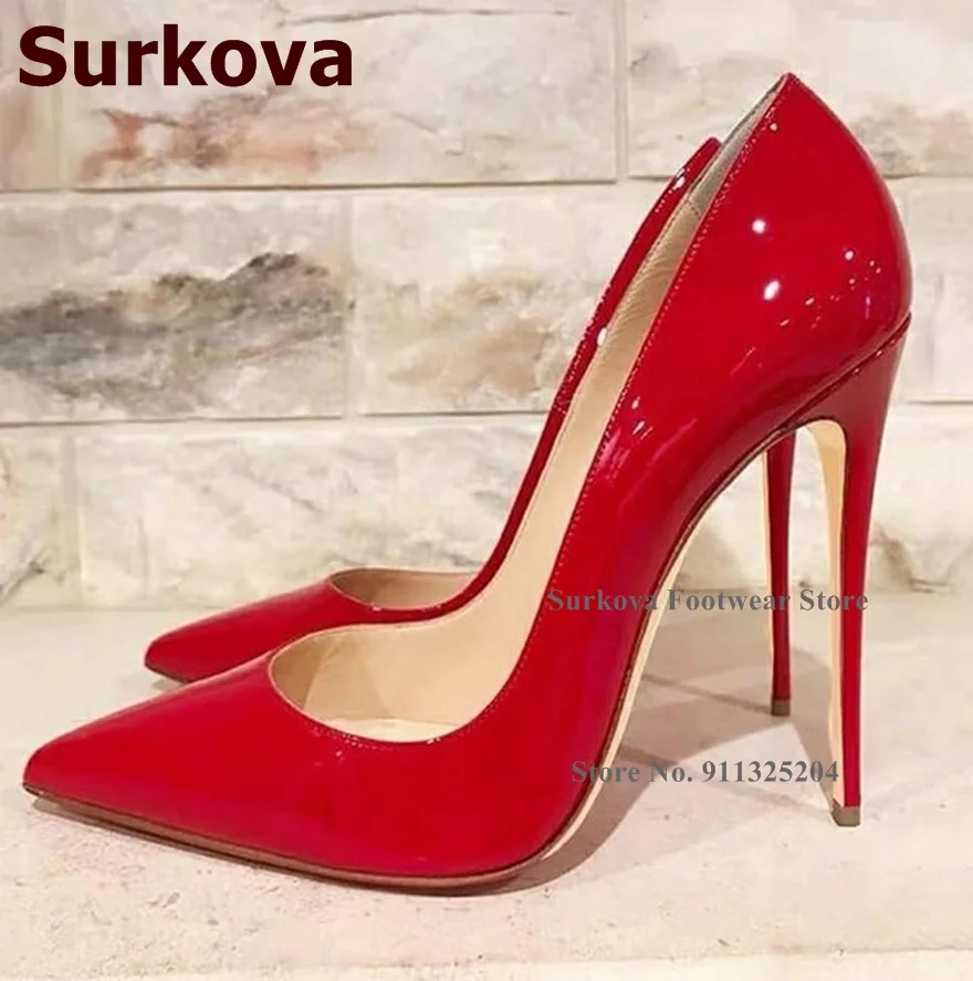 Surkova 12cm High Heel Shallow Cut Dress Pumps Hot Pink Red Patent Leather Wedding Shoes Pointed Toe Size45 Party Heels 10cm 8cm