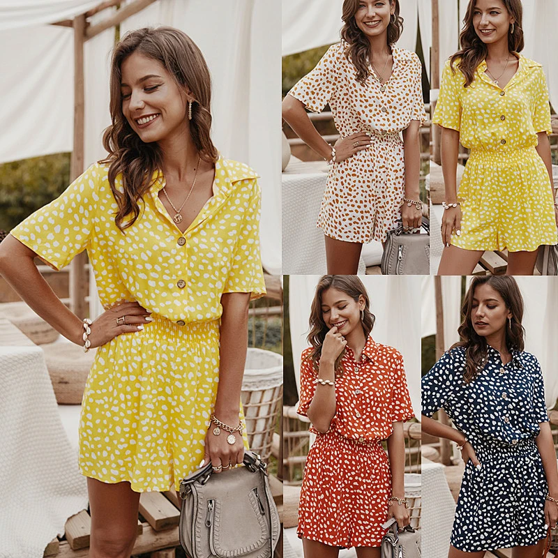 

2021 Summer New Women's Fashion Casual Floral Print Turn Down Collar Buttons Folds Tunic Empire Slim Straight Playsuits Ladies
