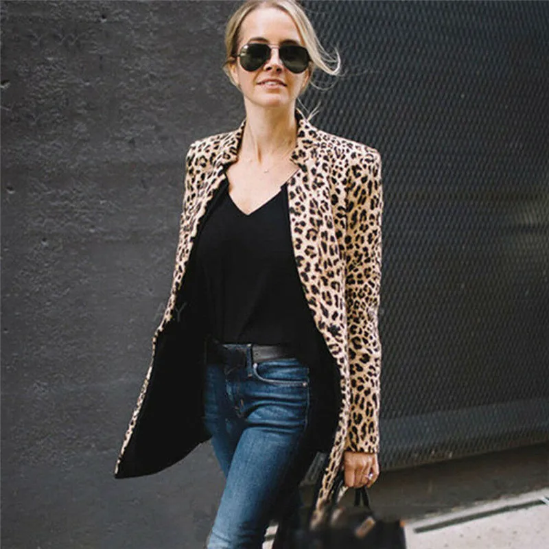 Women Mid length Slim Casual Blazer Suit Cardigans Leopard Print Loose Lady Office Work Long Sleeve Coat Outerwear Autumn