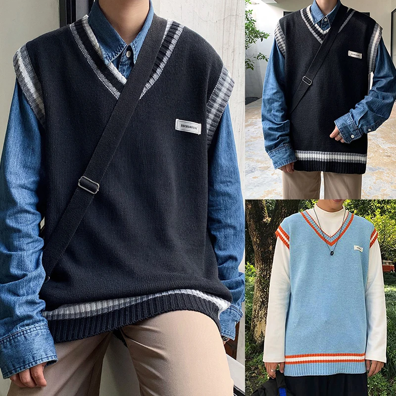 

Sweater Vest Men V-neck Patchwork Knitted Sweater Couples Oversize Harajuku Vests Chic Korean Style Leisure Sleeveless Pullovers