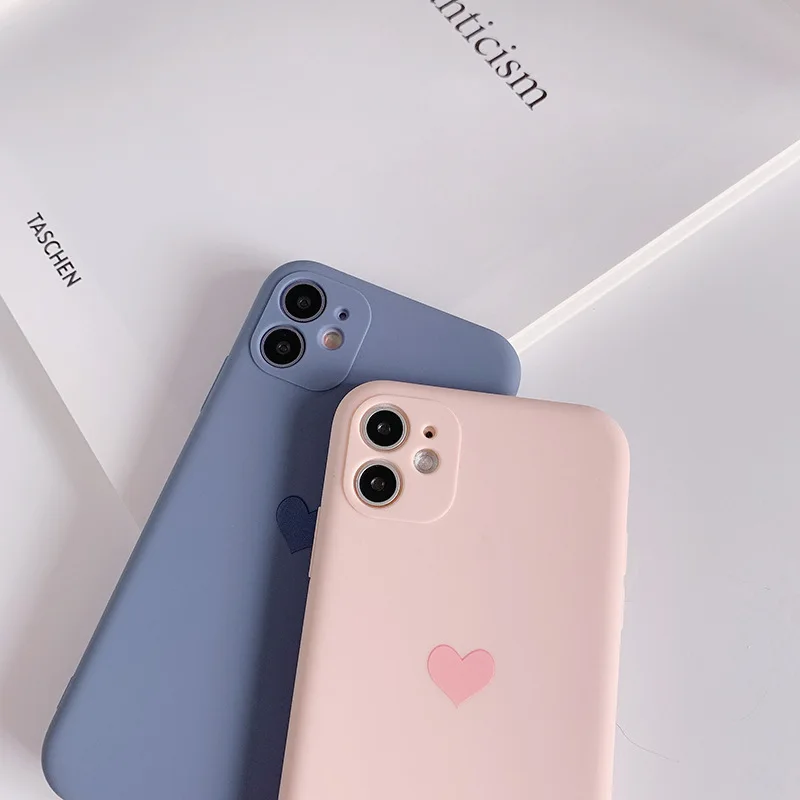 Korean Solid Candy Color Love Heart Phone Case For iPhone 12 Mini 11 Pro Max XR XsMax 13 7 8Puls Cases Soft Silicone Cover Funda