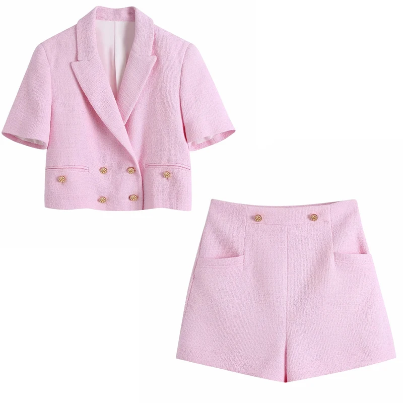 

PSEEWE Women Sets 2 Pcs Za 2021 Pink Cropped Blazer Suits Summer Elegant Woman Outfits High Waist Shorts Suit Two Pieces Set