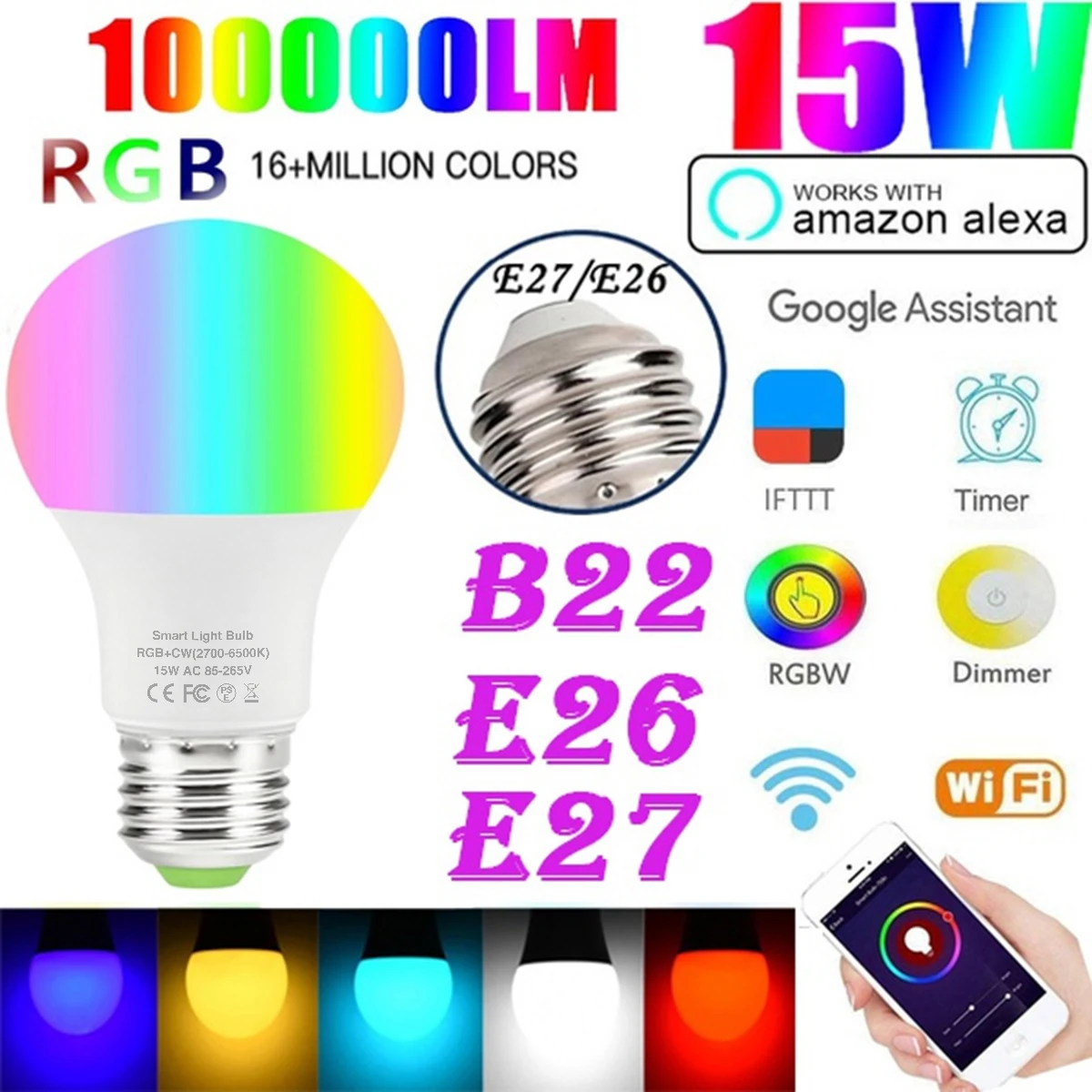 

Умсветильник лампа E27 с регулируемой яркостью, светодиодная лампа с таймером и поддержкой Bluetooth, работает с Alexa/Google Home, 15 Вт, Wi-Fi