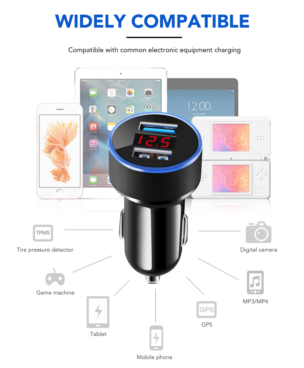 3.1A двойной USB Автомобильное зарядное устройство светодиодный дисплей для Toyota C-HR