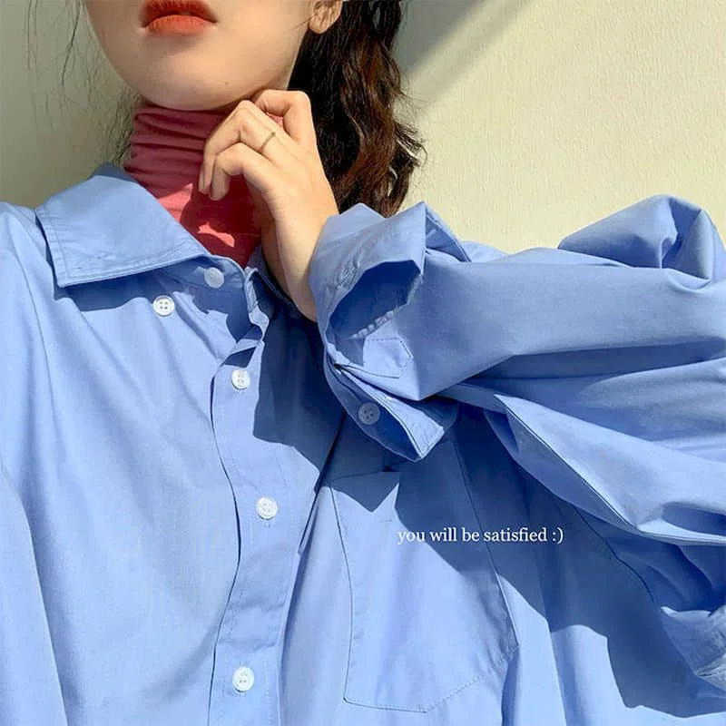 

Blue Shirt Women Blouses BF Boyfriend Loose Mid-length Blouse Spring/autumn Korean Retro Hong Kong Style Stacked Shirt Jacket