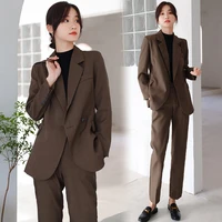 elegant office pant suit two piece set autumn womens brown blazer and cropped pants professional suit