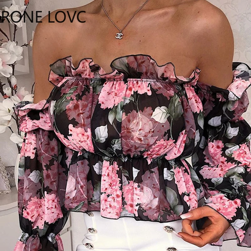 Женская блузка с цветочным принтом открытыми плечами и оборками весенние топы