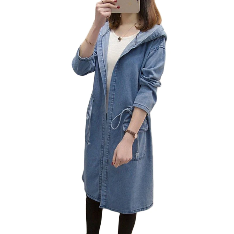 Куртка женская джинсовая с капюшоном модная длинная Базовая верхняя одежда