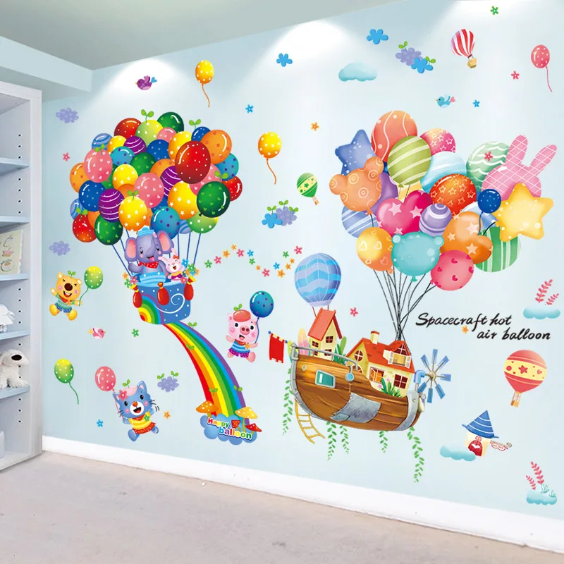 

[shijuekongjian] Hot Air Balloons Boat Wall Stickers DIY Rainbow Animals Wall Decals for Kids Rooms Nursery Home Decoration