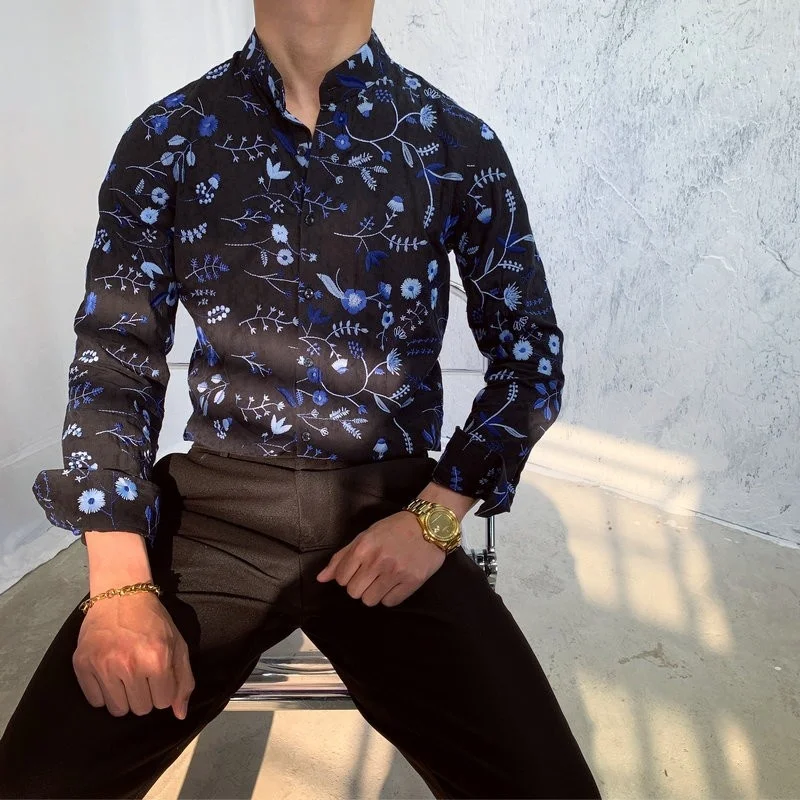 

Мужская хлопковая приталенная рубашка с цветочным принтом, однобортная винтажная рубашка с воротником-стойкой, длинными рукавами и вышивкой