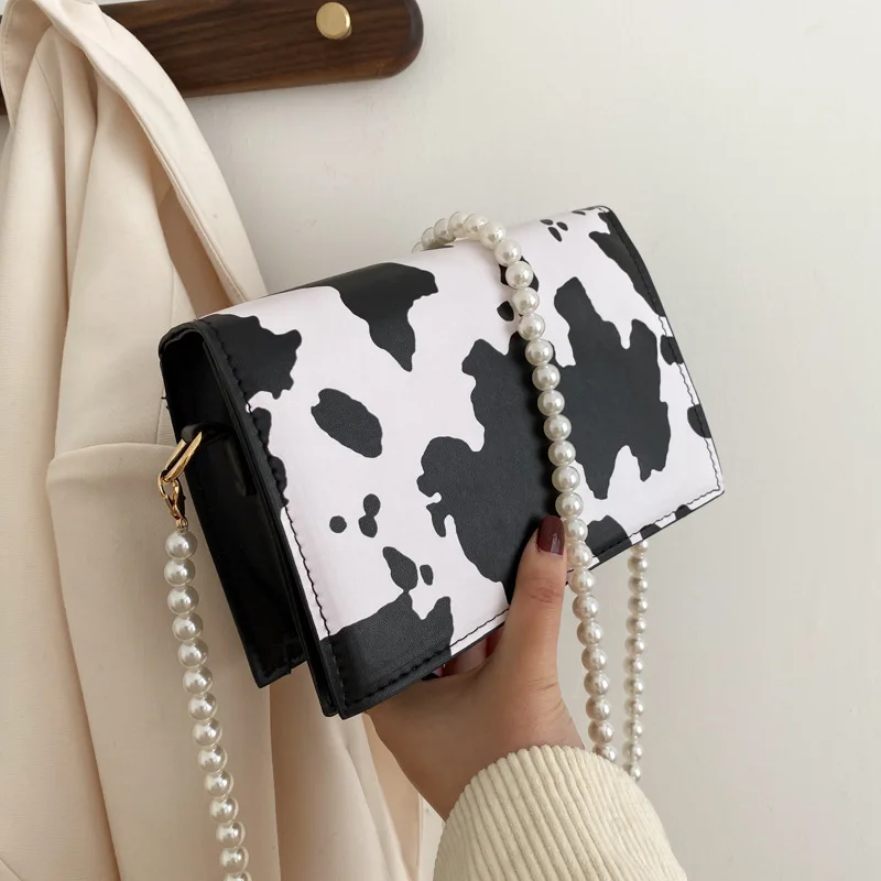 

Milk Cow Pattern Shoulder Crossbody Bags For Women 2021 PU Leather Women's Designer Pearl Chain Handbag Travel Messenger Bag