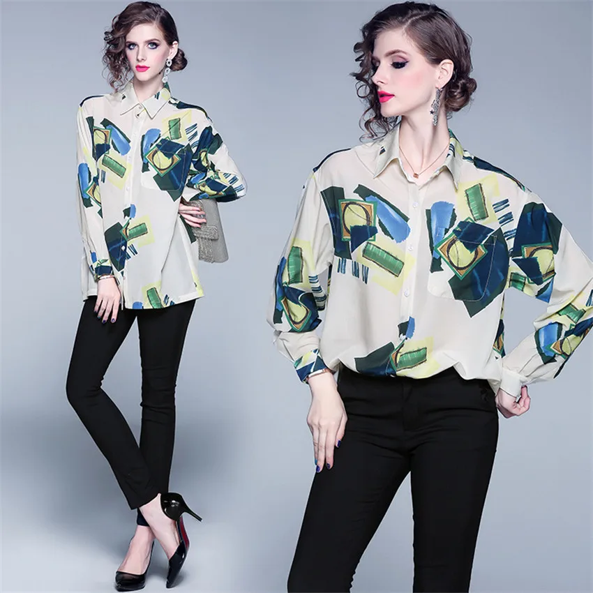 2019 Новая модная Осенняя Повседневная рубашка женская с длинным рукавом принтом
