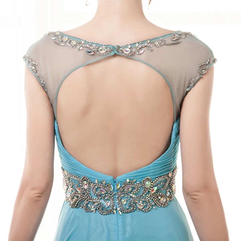 

Blue Chiffon Opening Back Long Wedding Party Dress Mother of the bride Dresses Beaded Waist and Neck Cheap Women Gown 2021