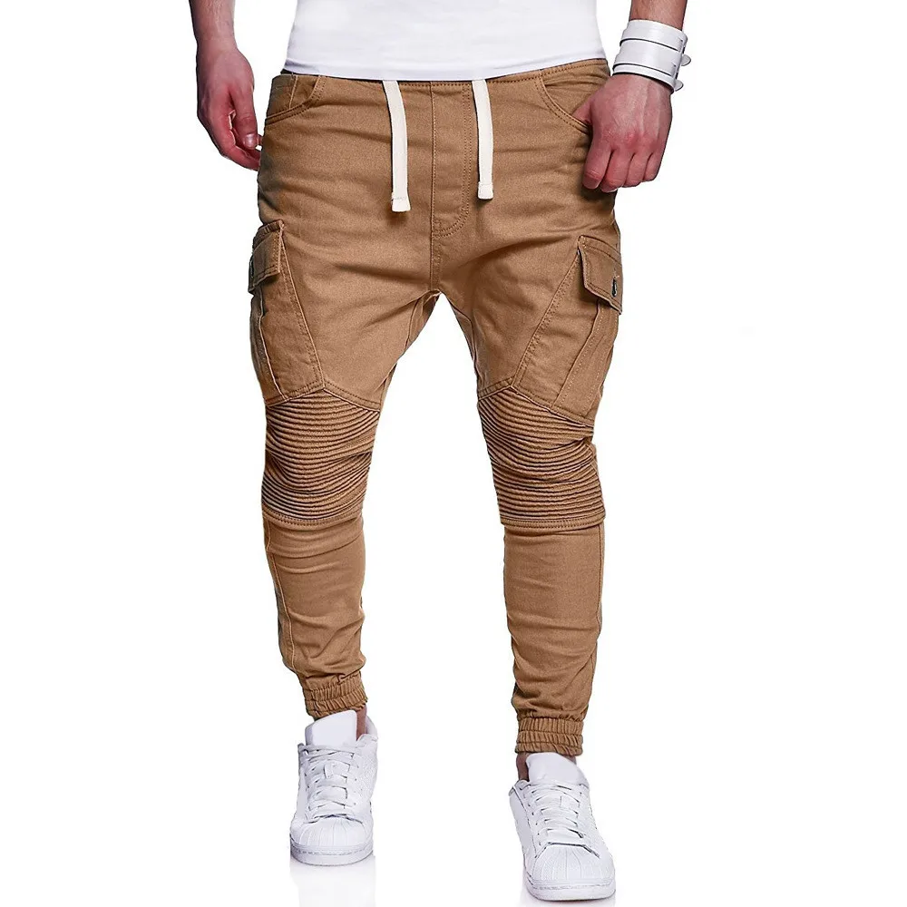 

Men Pants Solid Skinny Drawstring Pants Casual Summer Holiday Trousers Multi-pockets Pantalones De Hombre Men Clothing