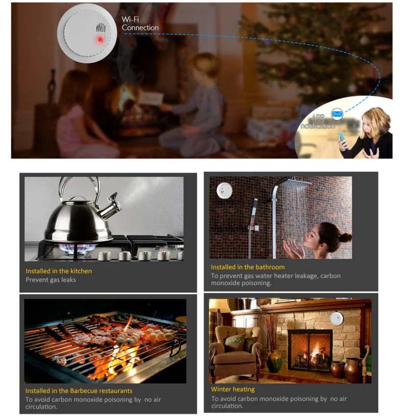 

Wifi Tuya CO Carbon Monoxide Smoke Detector Smart Home Control Gas Poisoning Fire Alarm APP Smart Life Notification Scene Linkag