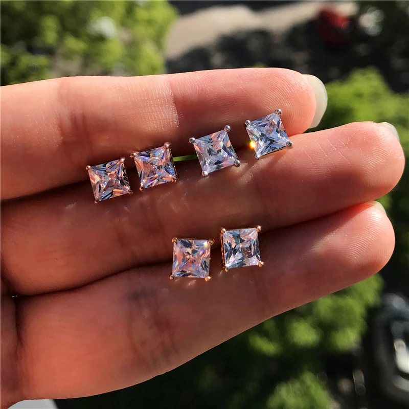 

Cute Female Square Crystal Stone Earrings Rose Gold Silver Color Stud Earrings For Women Small White Zircon Wedding Earrings