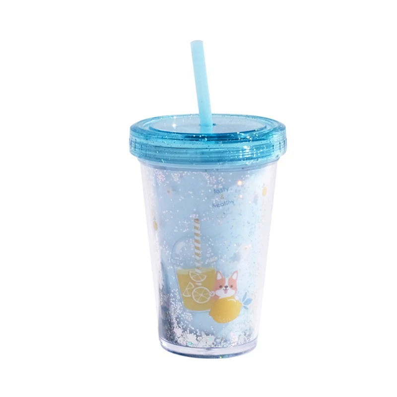 Straw Cup Plastic Food Grade Material with Glitter Powder Decorative Cute Durable Portable Double Wall Water Bottle | Дом и сад